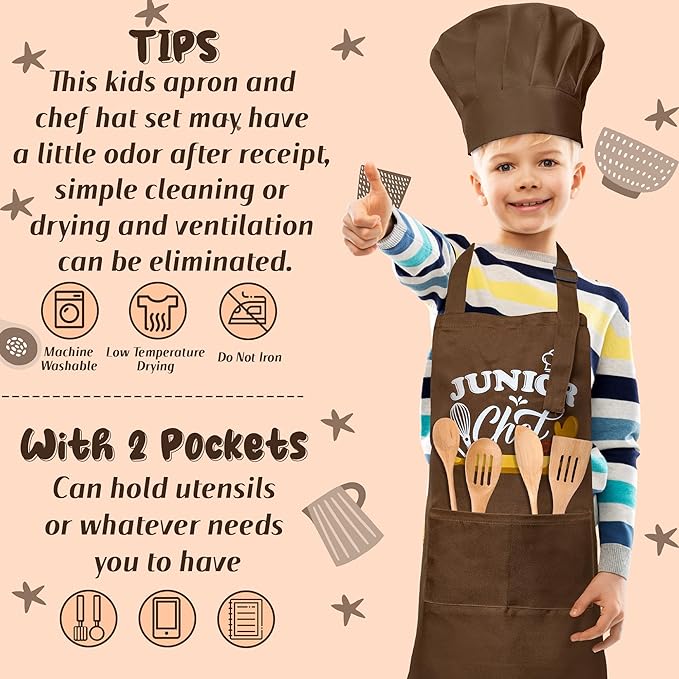 Kid Apron and Chef Hat Set - R HORSE 2Pcs Adjustable Children Brown Chef Kitchen Apron, Dress up Role Play Chef Toy Cooking Baking Painting and Training Kits Kid Funny Cooking Birthday Gift for Kids