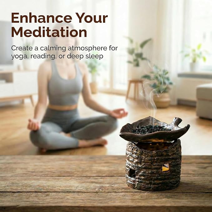 Ceramic Aromatherapy Stove Essential Oil Burner, Woodland Zen Herb Burner, Wax Melt Warmer Tea Light Candle Holder, Handmade Retro Teapot Warmer for Home Office Fragrance & Meditation Decor