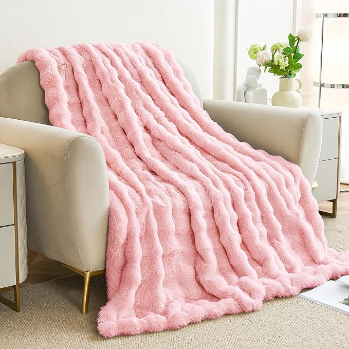 Faux Rabbit Fur Throw Blanket for Couch, Pink Throw Blankets 50"x60" | Cozy Reversible Fluffy Throw, Luxury Plush Thick Bubble Blanket, Mothers Gifts for Women, Soft Warm for Bed, Home Decor