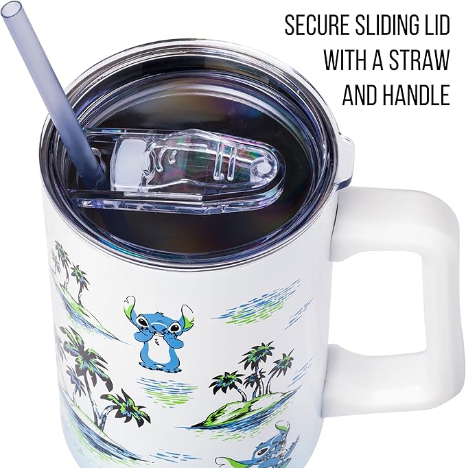Silver Buffalo Disney Lilo and Stitch Vintage Sketch Palm Trees & Flowers Double Walled Stainless Steel Tumbler with Handle and Straw, Fits in Standard Cup Holder, 40 Ounces (Pack of 12)