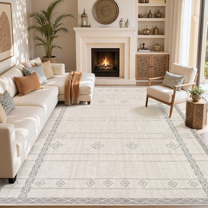cotiled 5x7 Area Rugs Living Room Rug: Washable Boho Rugs with Non Slip Backing Large Soft Indoor Stain Resistant Carpet for Bedroom Farmhouse Dining Room Lightweight Home Decor Grey Beige