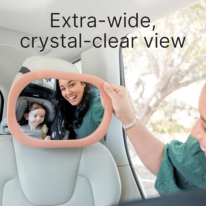 Renzo Baby Car Mirror - Rear Facing Car Seat Mirror for Infants - Extra Large, Shatter-Resistant, 360° Adjustable, Tool-Free Installation - Fits Most Cars, SUVs & Trucks (Blush Pink)