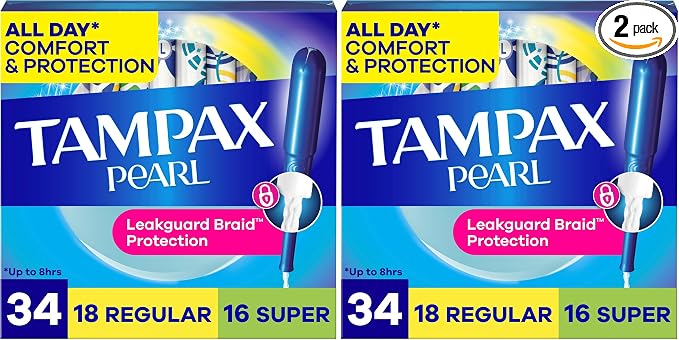 Tampax Pearl Tampons, Regular/Super Absorbency | Unscented | Leakguard Braid | 34 Count | Pack of 2