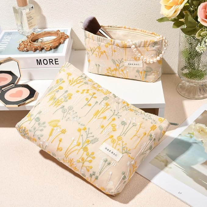 SOIDRAM 2 Pcs Makeup Bag Large Cosmetic Bag Toiletry Bag Makeup Pouch Travel Bag Organizer Cute Makeup Brushes Aesthetic Accessories Storage Bag for Women Wildflower Embroidery