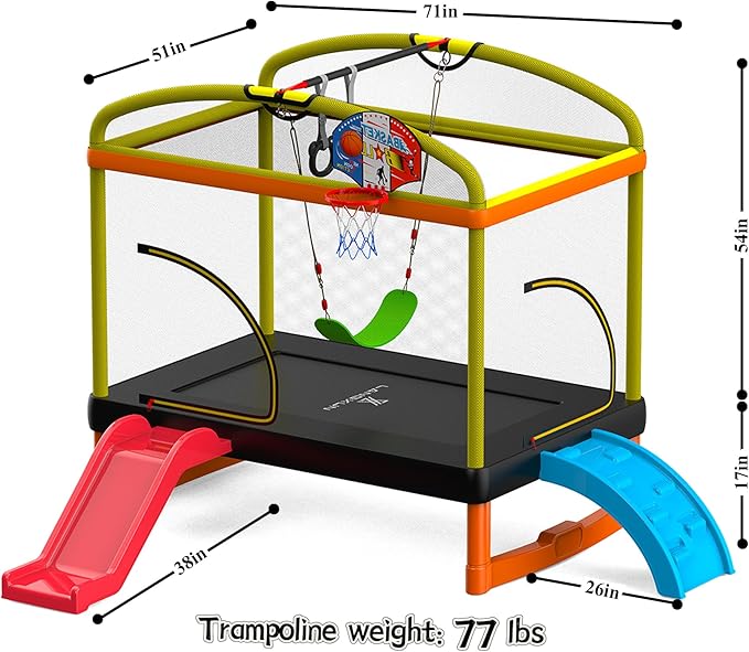 6.5ft Climb Slide Swing 7-in-1 Mini Rectangular Trampoline for Kids | Birthday Gift for Girls and Boys, Indoor Outdoor Toddler's Trampoline with Safety Net Enclosure, Padding, Zipper