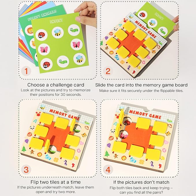 Memory Matching Game, Kids Travel Toy with 10 Double-Sided Cards, Flip Board for Ages 3-6, Travel Memory Game for Airplane & Road Trip