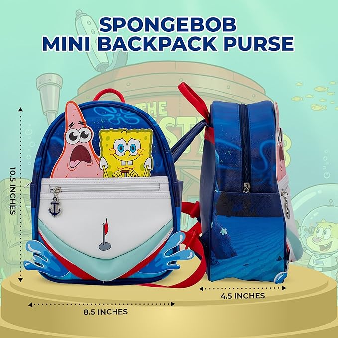 AI ACCESSORY INNOVATIONS SpongeBob Cosplay PU Backpack Purse, 3D Bikini Bottom Shoulder Bag with Epoxy Filled Metal Anchor Charm, 10.5 Inch, Adjustable Straps, Faux Leather