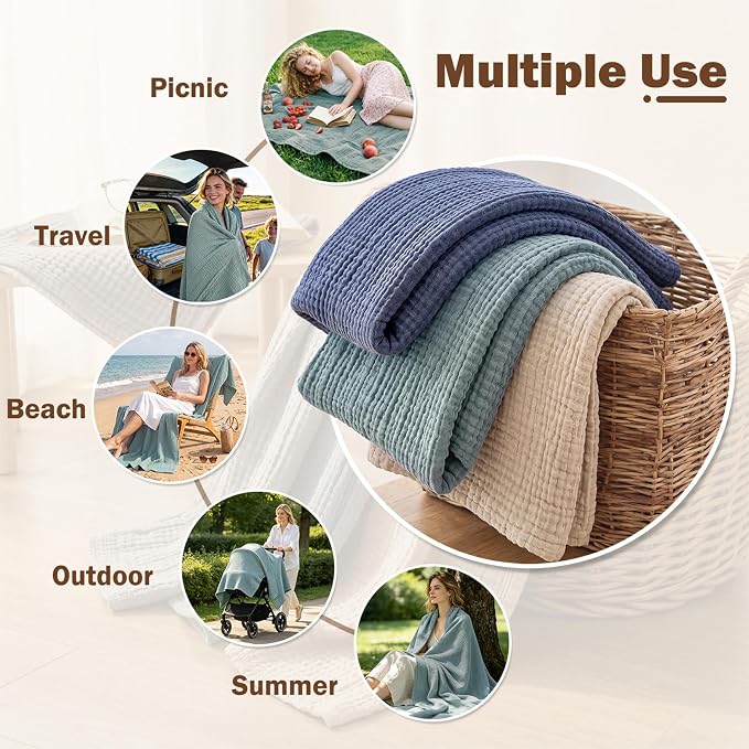 EMME Cotton Muslin Twin XL Blanket Breathable Gauze Soft Lightweight Blankets Adults Gifts for Women (Heather Teal, 66"x90")