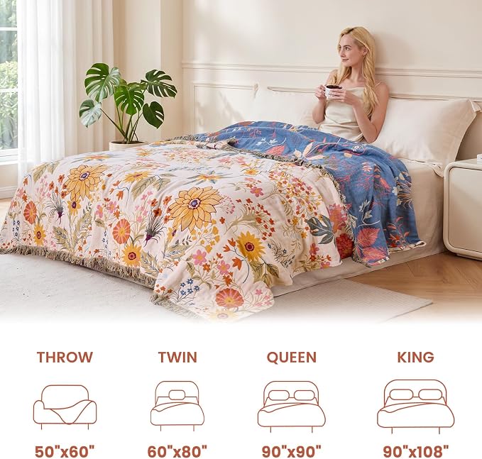 MSGKV Boho Throw Blanket 60"x80" Cotton Floral Twin Blanket for Couch Bed | 100% Cotton Muslin, Twin Size Throw Blanket, Floral Farmhouse Decor, Soft & Breathable, Lightweight Comfort, Machine Washable