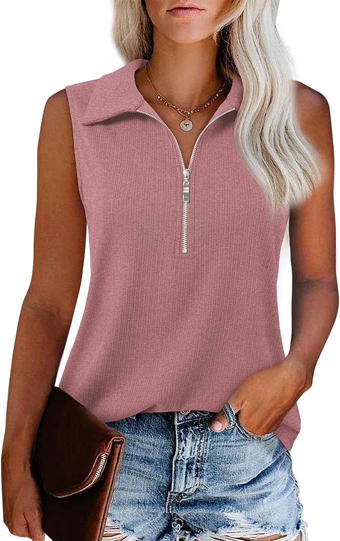 Vivilli Womens Ribbed Tank Top Zipper V Neck Dressy Casual Blouses Sleeveless Camisole Tops Work Tank Polo Shirts
