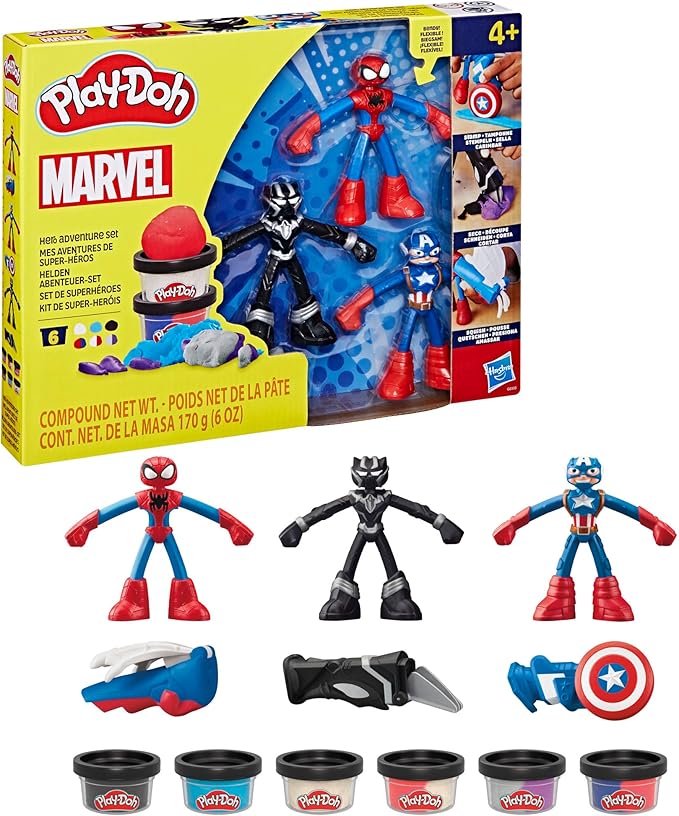 Play-Doh Marvel Hero Adventure Playset, 3 Marvel Action Figures with Wearable Tools, Black Panther, Captain America & Spider-Man Imagination Toys for Boys and Girls Ages 4 and Up