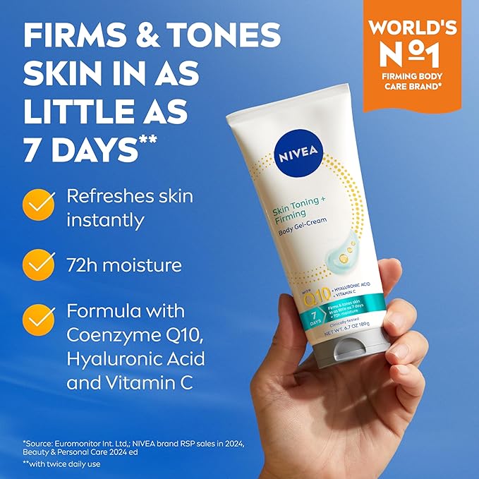 NIVEA Sheer Hydration Skin Firming Body Lotion (16.9 Fl Oz) + Skin Firming & Toning Body Gel Cream with Hyaluronic Acid (6.7 Oz),Enriched with Q10 and Vitamin C,(Pack of 4)