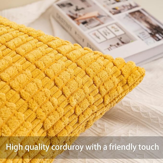 Aegero Pack of 2 Corduroy Decorative Throw Pillow Covers 18x18 Inch, Yellow | Fall Soft Striped Pillow Covers Modern Farmhouse Home Decor Christmas Throw Pillow Covers for Sofa Living Room Couch Bed