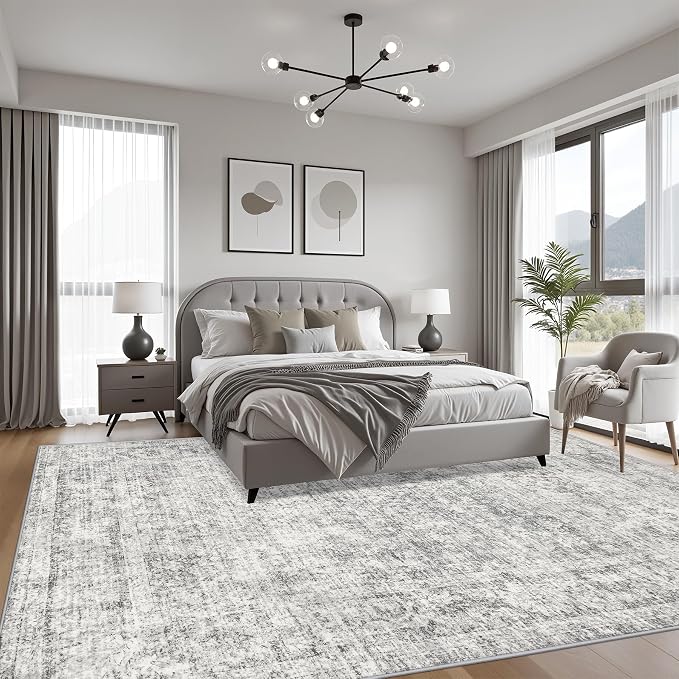 10x14 Area Rug Living Room Rug: Washable Modern Abstract Soft Thin Rug Indoor Floor No Slip Carpet for Bedroom Dining Room Farmhouse Nursery Home Office - Retro Black Grey