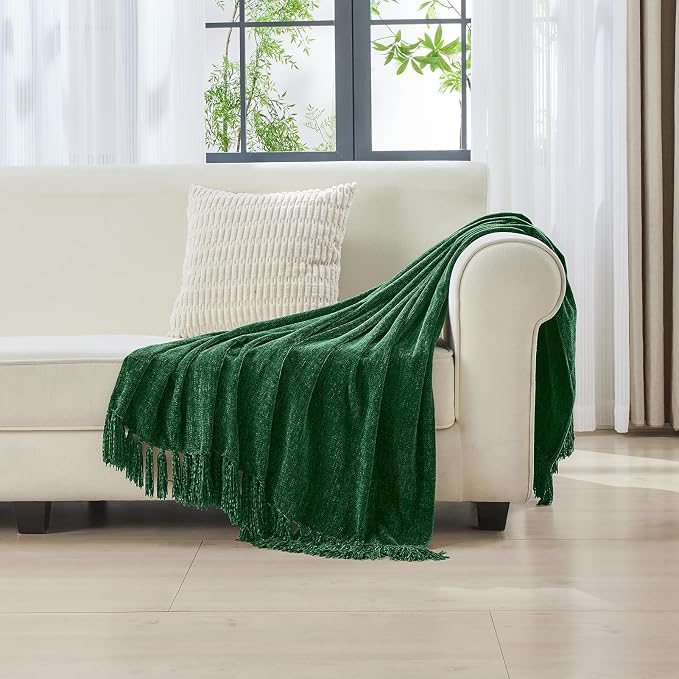 CozeCube Chenille Throw Blanket, Christmas Green Fringe Blanket, 60"X80" | For Couch, Cozy Plush Fuzzy Decorative Blanket with Fringe Tassels, Lightweight Throws for Bed Sofa Gift Home Decor