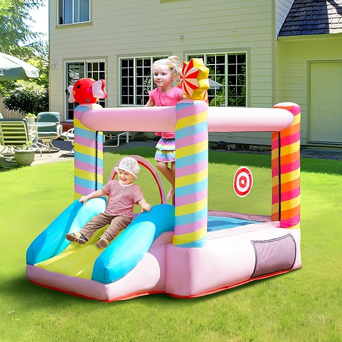 Candy Bounce House for Kids Ages 3-6, Sweet Inflatable Bouncy Castle with Slide, Indoor Outdoor Small Jumping House, Mini Toddler Bounce Castle for Birthday Gifts and Holidays(Without Blower)