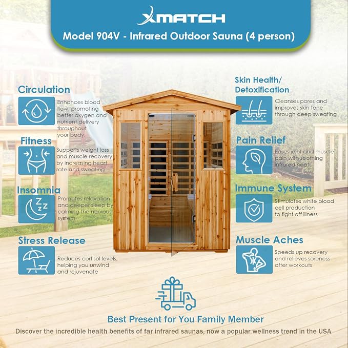 Saunas 904V Far Infrared Sauna, Outdoor Wooden Dry Sauna Low EMF (Hemlock Wood, 4-Person Size)