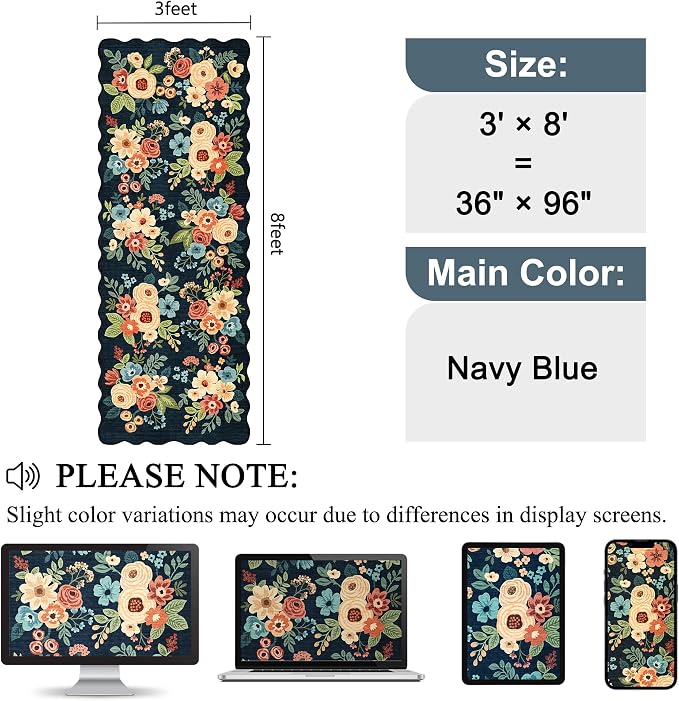 DUKINO 3x8 Kitchen Runner Rug, Floral Washable Rug for Hallway, Navy Blue | Low Pile, Non-Sheding, Soft Throw Rug Runner for Entryway, Hallway, Bedroom, Bathroom, Laundry, Pet Friendly, Home Decor