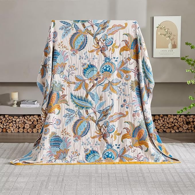 Boho Throw Blanket for Bed 100% Cotton Bohemian Blankets Ultra Soft Woven Muslin Decorative Blankets All Seasons Vintage Quilt Knitted Blanket for Sofa Chair(Beige, 50"x60")
