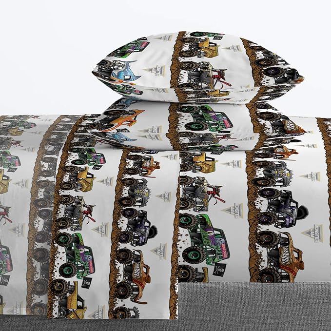 Jay Franco Kids Sheet Set with Fitted, Flat Sheets & Pillow Cover - Ultra-Soft Bedding with Pillowcase for Room Decor, Multi - Monster Jam, 4 Piece Full