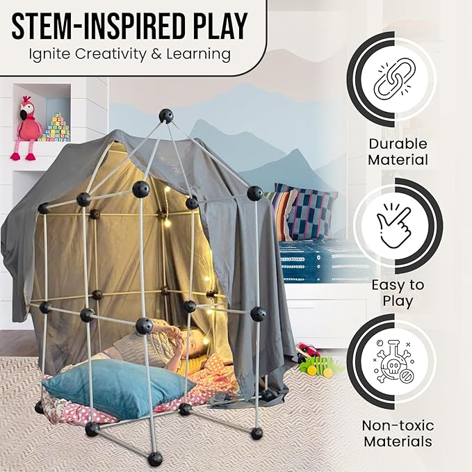 INDOORSY 100pc Glow in The Dark Kids Fort Building Kit for Kids 4-8 and 8-12 | Tiny Home Kit for Indoor Fun | Toys for Kid Magic Fort Building Kit with Box, Storage Bag, Lights | Play Fort for All
