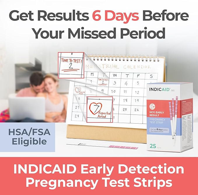 INDICAID 510K Cleared Early Detection Pregnancy Test Strips, High Sensitivity 10mIU to Test 6 Days Before Missing Period, 25 Tests Daily Monitoring of hCG During Pregnancy, Over 99% Accuracy