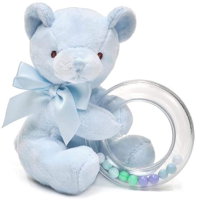 Bearington Collection Baby Polky Blue Plush Stuffed Animal Teddy Bear Shaker Toy Ring Rattle, 5" - Baby Boy Toys - Newborn Stuffed Animal