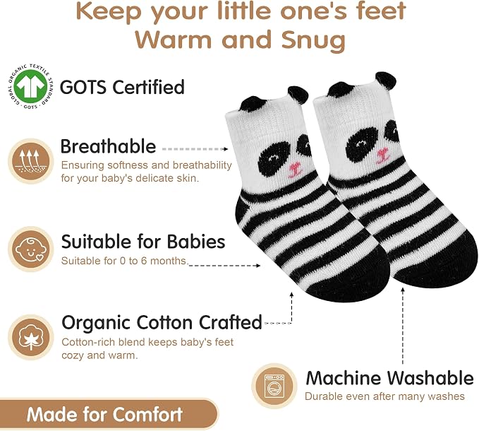 Organic Cotton GOTS Certified Non-Slip Baby Socks 0-6 Months - 7 Pairs Soft Breathable Newborn Socks Animal Design For Infant