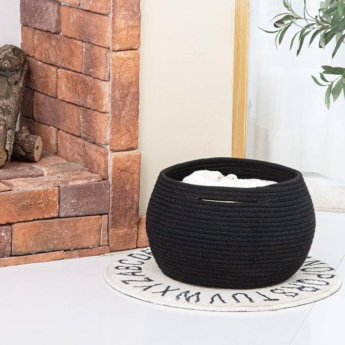 Goodpick Round Woven Storage Basket for Shelves, 12.5" x 8.3", Black | Small Rope Basket with Handles, Holds Blankets, Toys & Nursery Essentials, Decorative Basket for Living Room & Home Décor