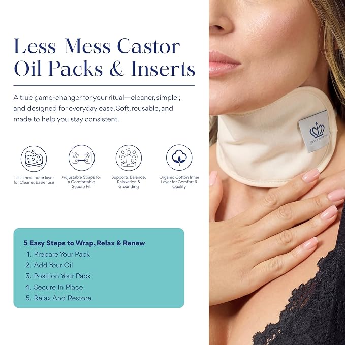 QUEEN OF THE THRONES Castor Oil Pack for Neck Less Mess, Reusable, Organic Cotton Flannel, Naturopathic Doctor Designed (Castor Oil Included)