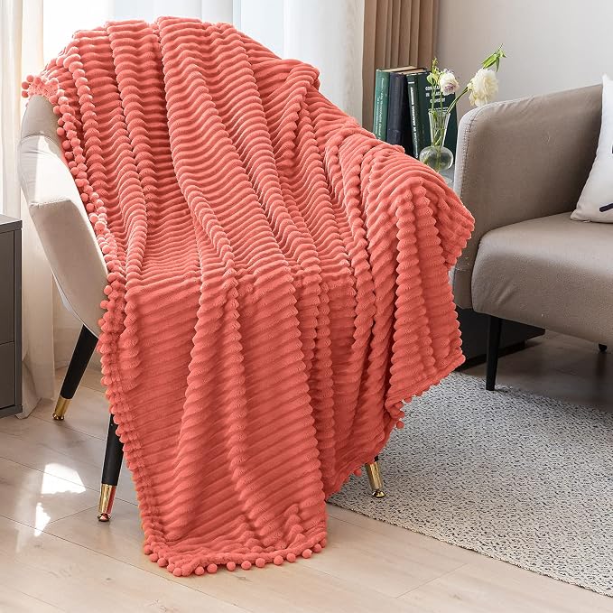 DISSA Fleece Blanket Twin Size – 60x80, Coral - Soft, Plush, Fluffy, Fuzzy, Warm, Cozy – Perfect Throw for Couch, Bed, Sofa - with Pompom Fringe - Flannel Blanket