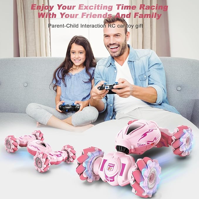 Pink RC Car Toys for Girls Aged 6-12, Gesture Sensing RC Stunt Cars with Lights Music for Girl Birthday Xmas Gifts, 2.4GHz 4WD Pink Remote Control Toy Double-Side Flip 360° All-Round Rotation