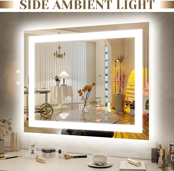 ROLOVE 22x20 Inch Lighted Vanity Mirror, 3-Mode Touch Dimming LED Lighting, Large Makeup Mirror for Dressing Room, Tabletop or Wall-Mounted, White