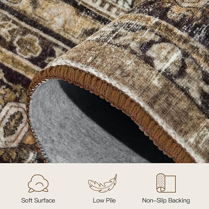 6x9 Area Rugs for Living Room, Non-Slip Washable Brown Vintage Carpet | Soft Area Rugs for Bedroom Dining Room Home Office Indoor Nursery, Stain Resistant, Low Pile, Vintage Distressed Rug