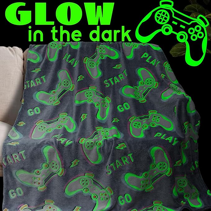 Gaming Blanket for Boys Teens Gamers, Gamer Gifts for Kids, Soft Cozy Video Game Throw Blanket for Bed Sofa Bedroom, Easter Birthday Gifts for 6-12 Year Old Boys, Glow in The Dark, Gaming Room Decor