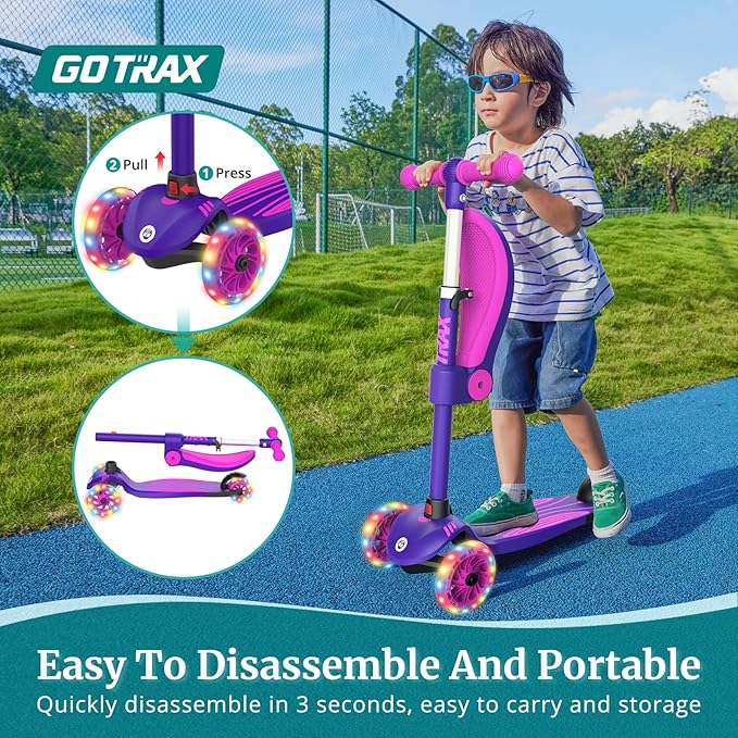 Gotrax KS3 Kids Kick Scooter, LED Lighted Wheels, Adjustable Height Handlebars and Removable Seat, Lean-to-Steer & Widen Anti-Slip Deck, 3 Wheel Scooter for Kids Ages 2-8 and up to 110 Lbs