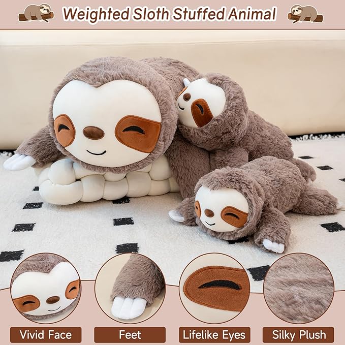 SQEQE Weighted Stuffed Animals Sloth Plush, Weighted Sloth Stuffed Animals Plushies, Soft Pillow Toy for Kids Adults, Birthday Presents 13.8 Inch, 1.7 Lbs