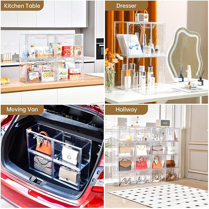 Freebat Stackable Storage Organizers Clear Acrylic Display Case, 5-Pack Acrylic Boxes with Lids, Clear Storage Containers Storage for Handbags, Collectibles & Figures