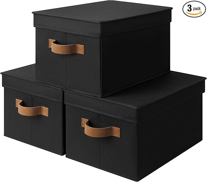 StorageWorks Fabric Storage Bins with Lids, Closet Storage Bins | Lidded Dust-proof, Easy Pull Handles, Foldable, Stackable, Ideal for Clothes Blanket Towel, Large, Black, 3-Pack