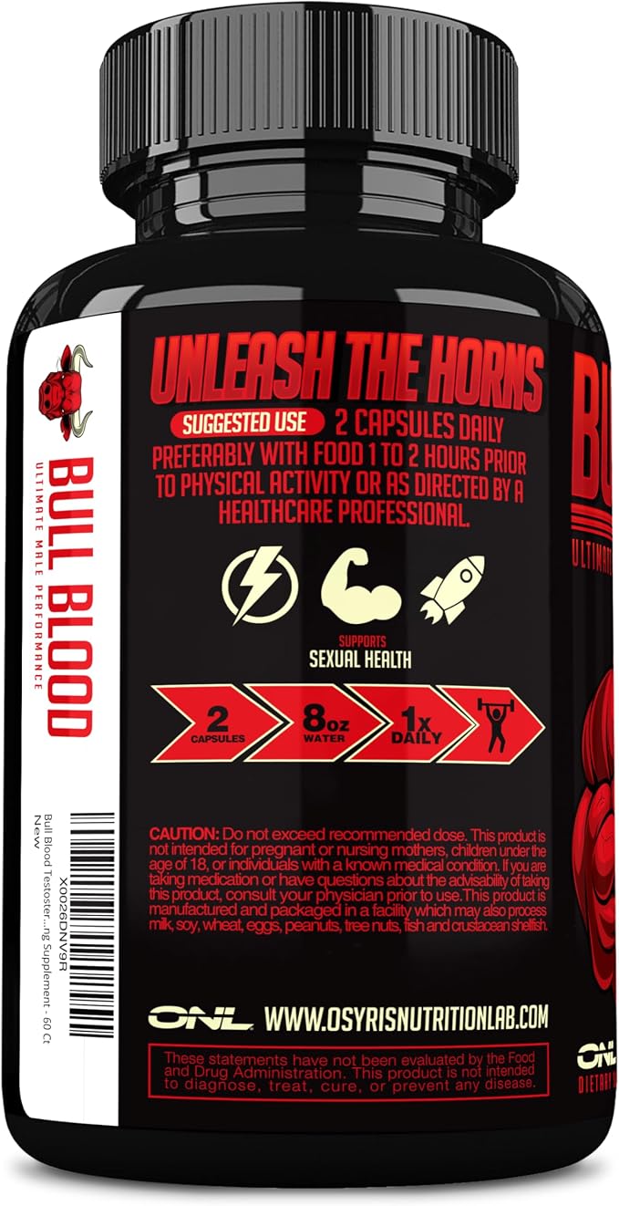 ONL Bull Blood Testosterone Booster for Men - Male Enhancing Testosterone Supplement - Strength, Stamina & Endurance with Maca Root, Horny Goat Weed, Tribulus Terrestris & Tongkat Ali - 60 Ct