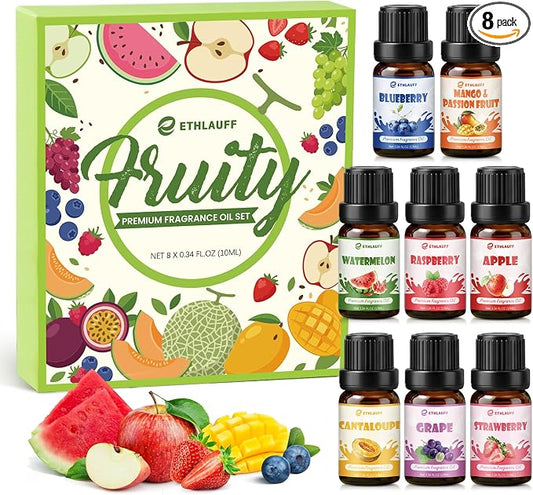 Fruity Fragrance Oil, Premium Fruit Essential Oils for Diffuser, Candle Soap Making Scents, 10ml/0.33fl.oz, Apple, Cantaloupe, Strawberry, Grape, Fruit Scented Oils for DIY, Bath Bombs Making