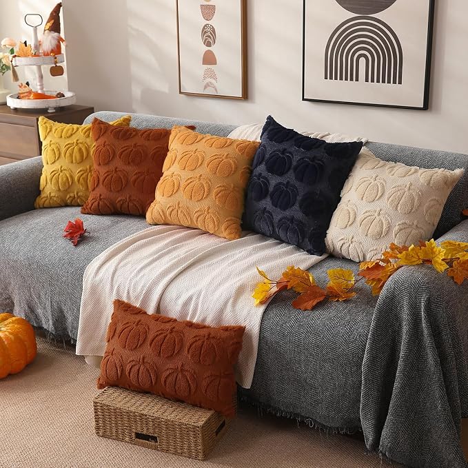 DFXSZ Fall Pillow Covers 16x16 2Pcs Light Orange Pumpkin Fall Decorations | Fall decor Set of 2 Throw Pillow Cases Soft Plush Faux Fur Wool Couch Cushion for Chair Sofa Bedroom Living Room Home Decor