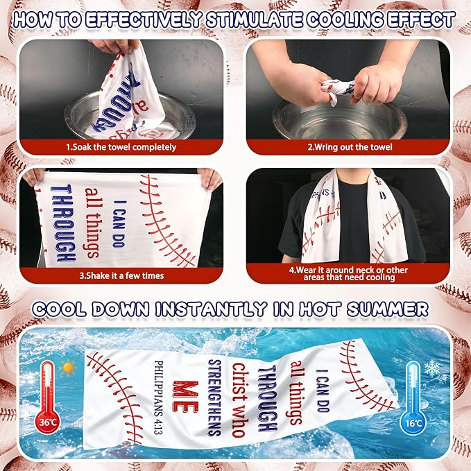 12Pcs 40" X12” Baseball Cooling Towels, Team Gift Sports Towel Reusable Breathable Chill Fast Drying Towel Neck Sweat Towel Sweat for Outdoor Camping Gym Party Favors