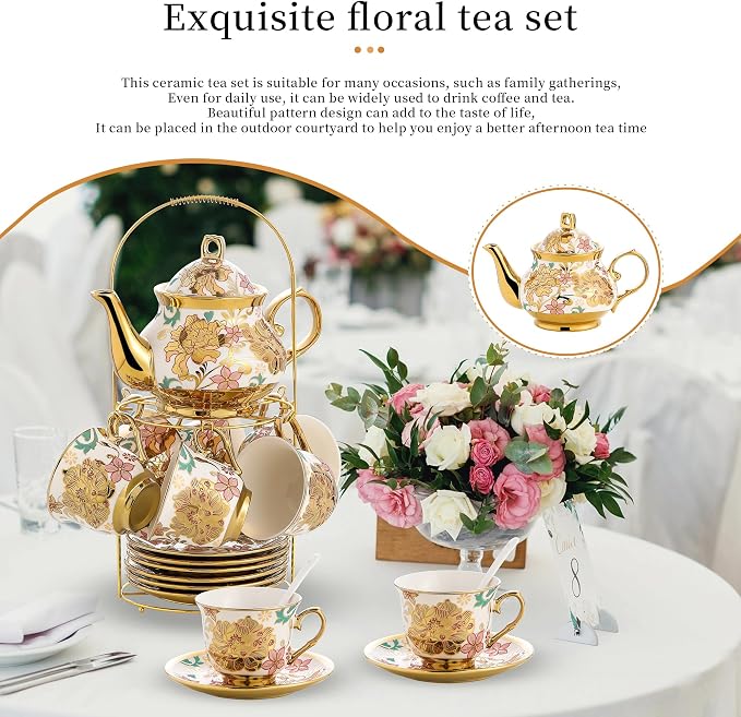 20 Pieces Porcelain Tea Set With Metal Holder, European Ceramic tea set for adults,Flower Tea Set,Tea Set For Women With Flower Painting
