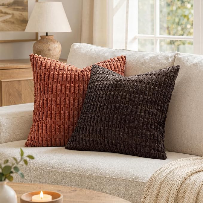 MIULEE Corduroy Decorative Throw Pillow Covers 18x18 Dark Brown Pack of 2 | Soft Boho Striped Pillow Covers Modern Farmhouse Fall Home Decor For Sofa Living Room Couch Bed