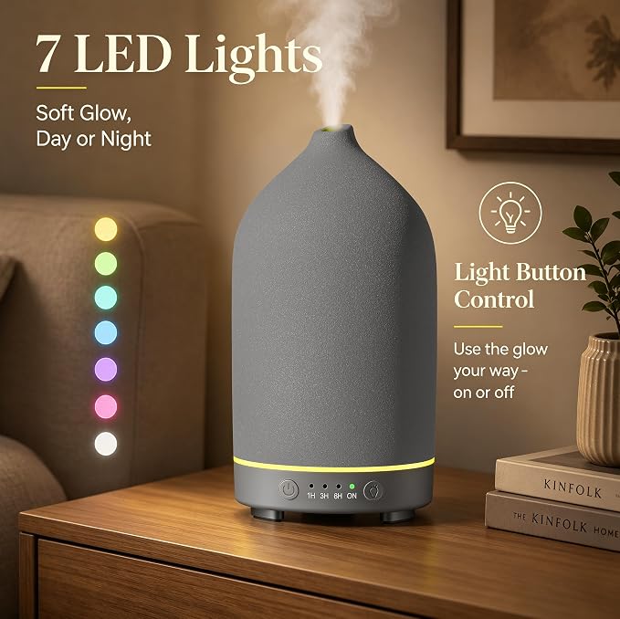 Gooamp 200ML Ceramic Essential Oil Diffuser - Ultrasonic Aromatherapy & Humidifier with 7-Color LED Lights, Auto Shut-Off, Grey, 1H/3H/6H Timer | Scent for Home,Office,Yoga