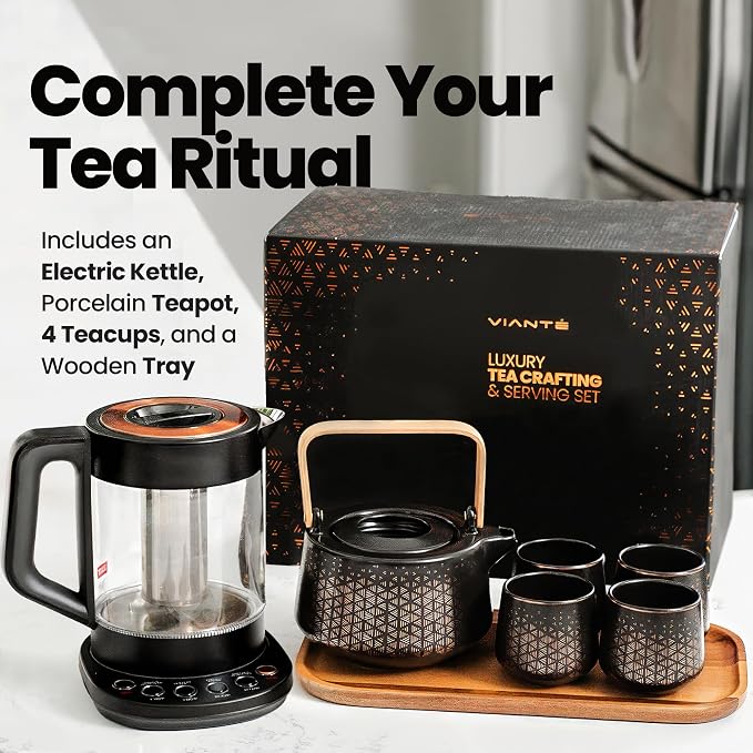 Viante Luxury Tea Set, Electric Kettle with Infuser, No Plastic In Contact With Water, 1.5L Borosilicate Glass, Ceramic Teapot, 4 Ceramic Cups, Bamboo Tray, Gift Box for Tea Lovers