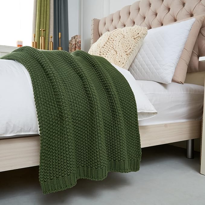 Chunky Cable Knit Throw Blanket Lightweight Olive Green 100% Organic Cotton Blanket for Sofa Couch Bed Baby Nursery, Rustic Shabby Chic Modern Farmhouse, 51” x 63” Give Laundering Bag