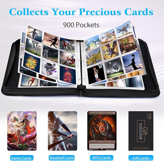 WOT I 900 Pockets Trading Card Binder, Baseball Card Binder Sleeves with Zipper, Double Sided Pockets Card Holder Carry Card Case for Baseball Card, Football Card(Dark Blue)