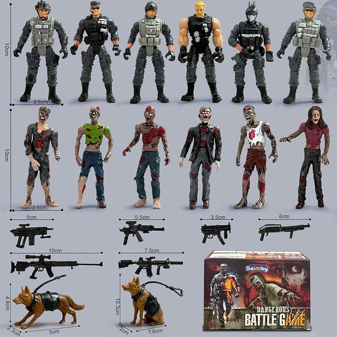 6 Army Men VS 6 Zombie Action Figures, Realistic Military Playset with Weapons 2 Dog Figures, Halloween for Boys 4-7 (14PCS)